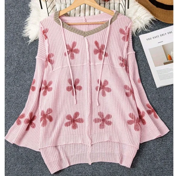 Plus Floral Print V neck Reverse Stitch Hoodie Top - Picture 2 of 4